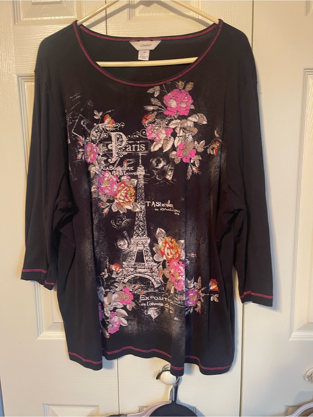 CJ Banks Black Long Sleeve Tee with Pink Floral Eiffel Tower Graphic